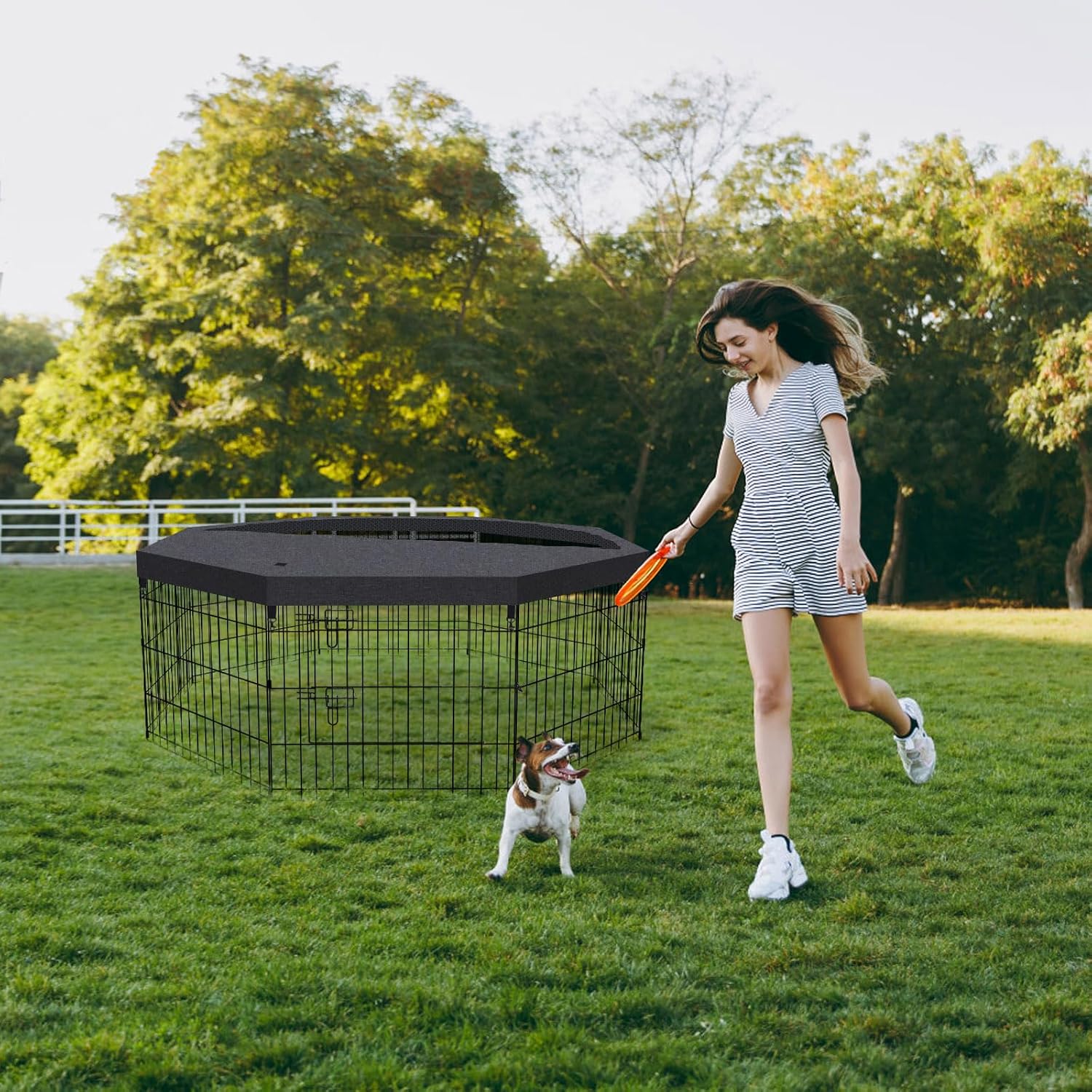 Dog Pen Pet Playpen Dog Fence Indoor Foldable Metal Wire Exercise Puppy Play Yard Pet Enclosure Indoor Outdoor 8 Panels 24 Inch with Bottom Pad/Top Cover (Black with top Cover)